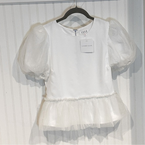 White Puff Sleeve Peplum Blouse Top NWT by TCEC- Size Medium - Picture 2 of 5
